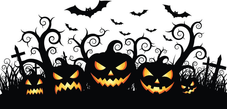 Spooky halloween illustration with human skulls on sticks and bats flying around a dead tree