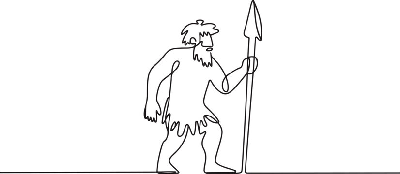 Continuous one line drawing ancient caveman or homosapien hunter standing and holding big stone spear. one line icon drawing vector