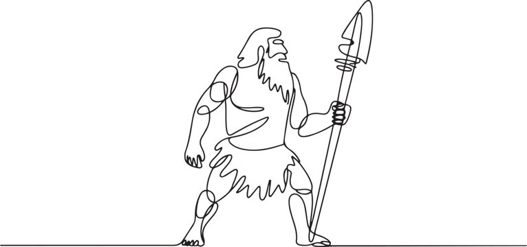 Continuous one line drawing ancient caveman or homosapien hunter standing and holding big stone spear. one line icon drawing vector