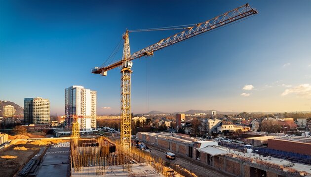 tower crane operating on an active urban construction site