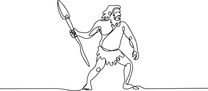 Continuous one line drawing ancient caveman or homosapien hunter standing and holding big stone spear. one line icon drawing vector