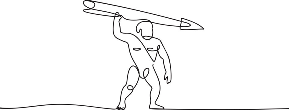 Continuous one line drawing ancient caveman or homosapien hunter standing and holding big stone spear. one line icon drawing vector