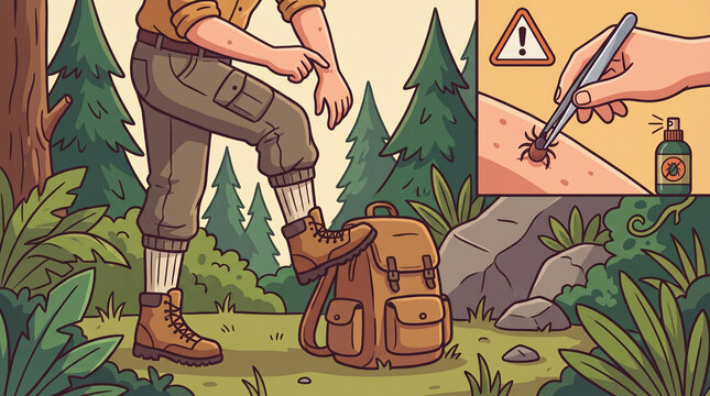 Insects, ticks, safety in nature and in the forest illustration. насекомые клещи безопасность на природе и в лесу иллюстрация