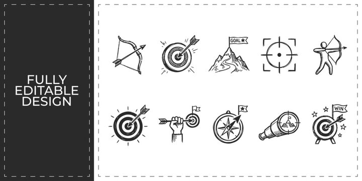 Outdoor sports and archery hobby icons showing bow arrow target mountain and camping equipment vector illustration for adventure fitness and tourism industry graphic