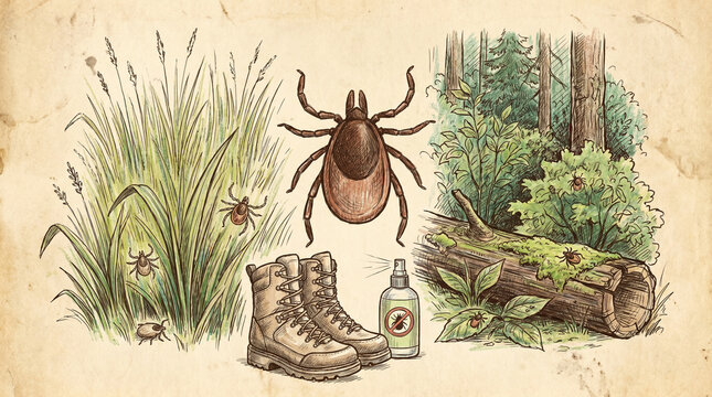 Illustration from a series about tick safety and prevention in outdoor environments. This educational visual explains how to protect people and pets from ticks, including proper clothing, use of repel