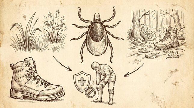 Illustration from a series about tick safety and prevention in outdoor environments. This educational visual explains how to protect people and pets from ticks, including proper clothing, use of repel