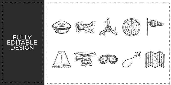 Aviation heritage and pilot training icons showing vintage propeller plane goggles runway and windsock vector illustration for flight schools and airshow design projects