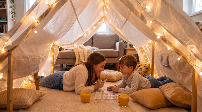 Mother and son playing board game inside cozy blanket fort at home 