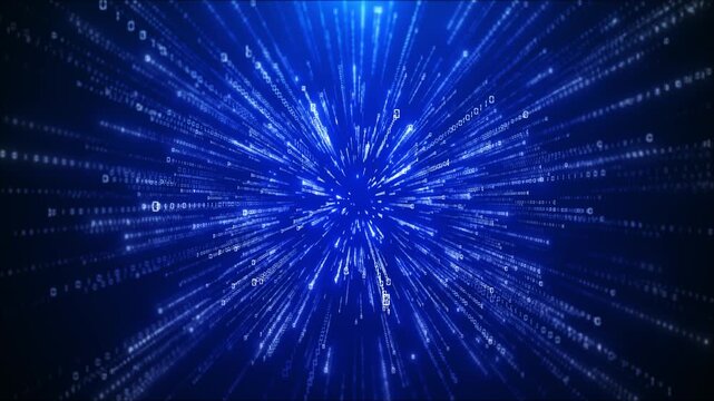 Blue binary speed tunnel background with glowing numbers, fast perspective streaks, and digital motion depth. AI videos, coding intros, software promos, data transfer, and cyber technology overlays.