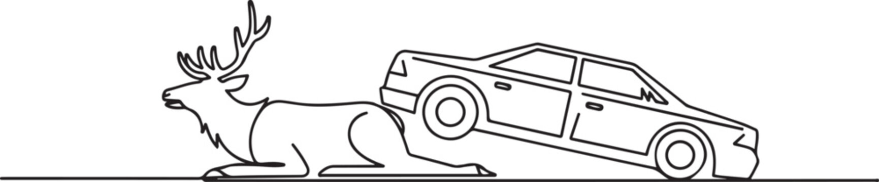 A elk lies near an overturned car. Accident involving a wild animal. one line icon drawing vector