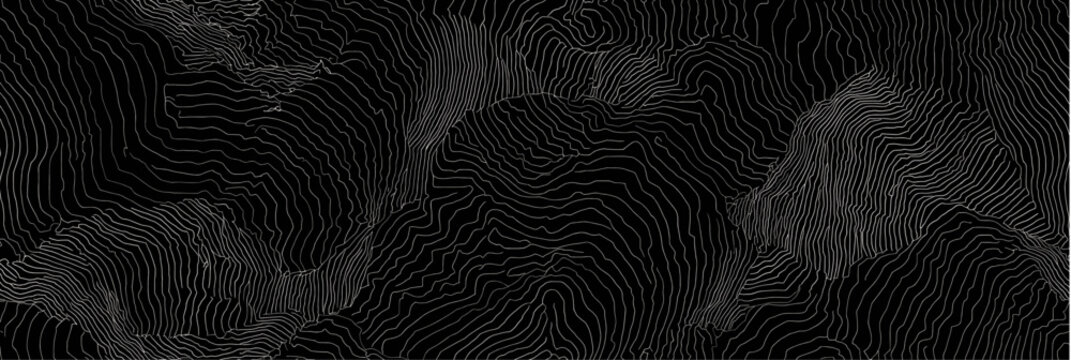 Dark topographic contour lines creating abstract mountain landscape. Minimalist contour lines forming a seamless abstract background with dark mountain shapes