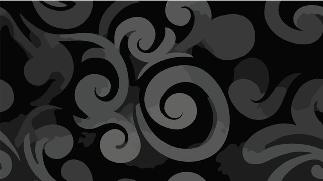 Abstract seamless texture displaying ornate scrollwork and elegant organic shapes. Stylized grey swirl pattern on black background