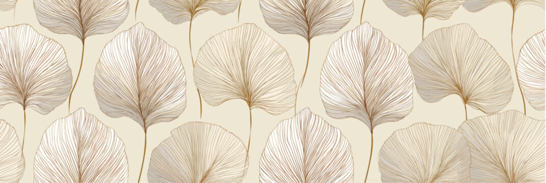 Abstract foliage pattern designing neutral seamless background. Delicate linear leaves creating a warm organic texture for decorative design