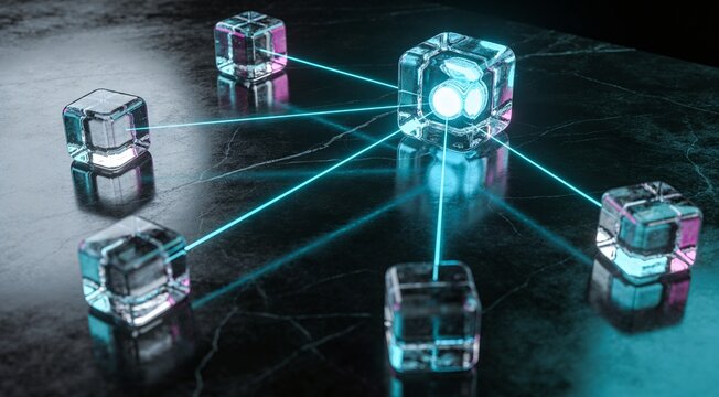 Cloud infrastructure background with central glass core and fiber optic links to distributed network nodes on dark marble, premium enterprise computing visual for websites and presentations