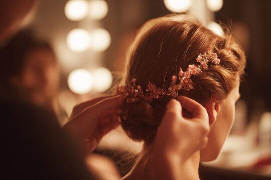 Stylist Adjusts Accessories on Model Backstage for Fashion Show in High-Resolution Detail