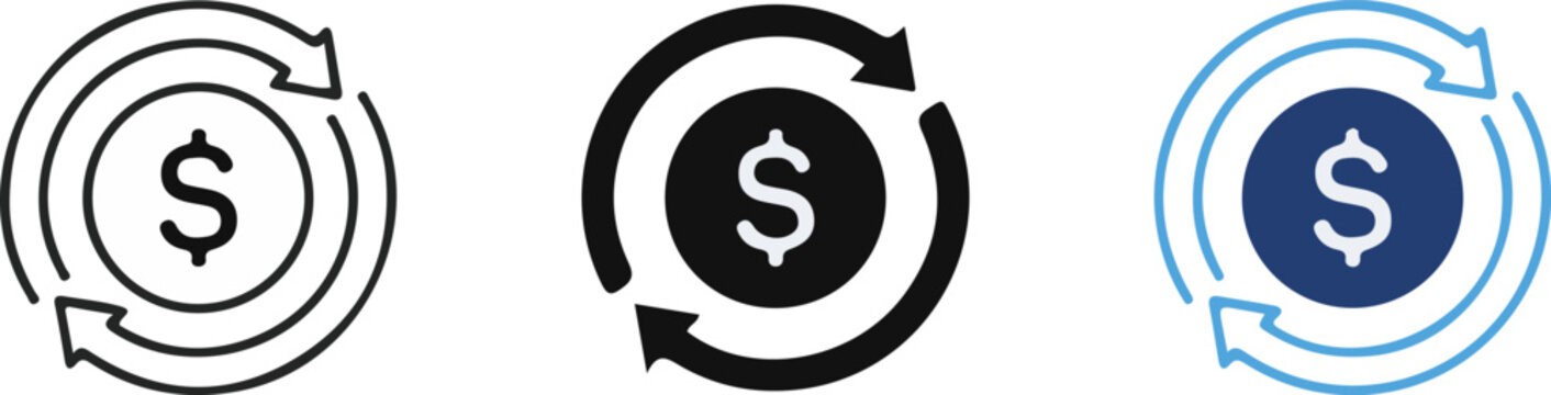 minimalist dollar currency exchange refresh cycle icon set in outline filled and blue badge styles for finance banking and payment ui design