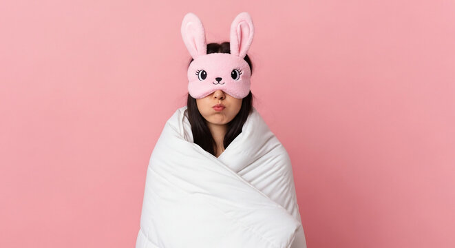 Rabbit ears woman wearing winter coat with blank face against pink studio background for playful concept
