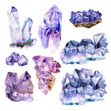 Set of purple, violet, blue amethyst, quartz gemstones, mineral watercolor illustration, 300 dpi PNG clipart, isolated objects, transparent background