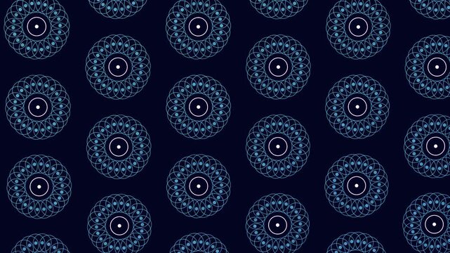Seamless abstract geometric mandala pattern animation with circular ornamental shapes in light blue on a dark navy background, ideal for modern backgrounds and design