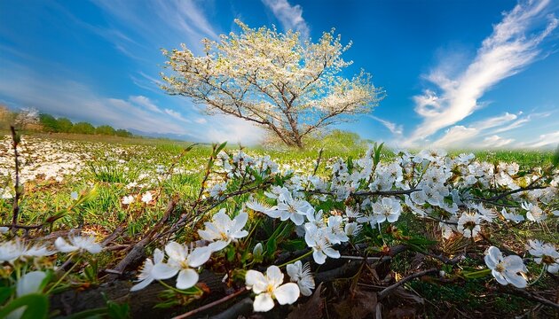tiny blossoms beneath the tree with white flowers and blue sky