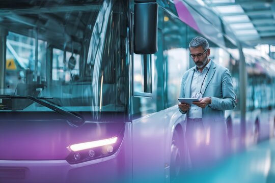Modern Transport Control Moment With School Administrator Using Tablet While Shuttle Bus Operates in Background During Bright Daylight