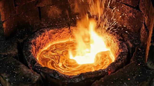 Molten metal pouring into a furnace with bright flames and sparks