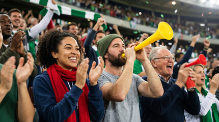 Fototapeta premium Diverse fans clapping and using horns during celebration scene .energy unity excitement and loud support in vibrant sports crowd atmosphere concept.