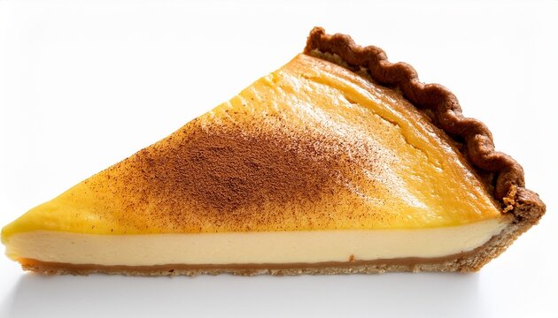 south african milk tart wedge with creamy custard filling cinnamon top and crisp pastry shell isolated on white