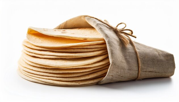 fresh homemade flour tortillas wrapped in linen cloth isolated on the white background traditional mexican flatbread stack for tacos and burritos