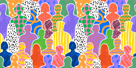Fototapeta na wymiar Colorful diverse people crowd abstract art seamless pattern. Multi-ethnic community, big cultural diversity group background illustration in modern collage painting style.