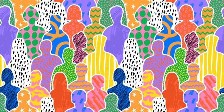 Colorful diverse people crowd abstract art seamless pattern. Multi-ethnic community, big cultural diversity group background illustration in modern collage painting style.