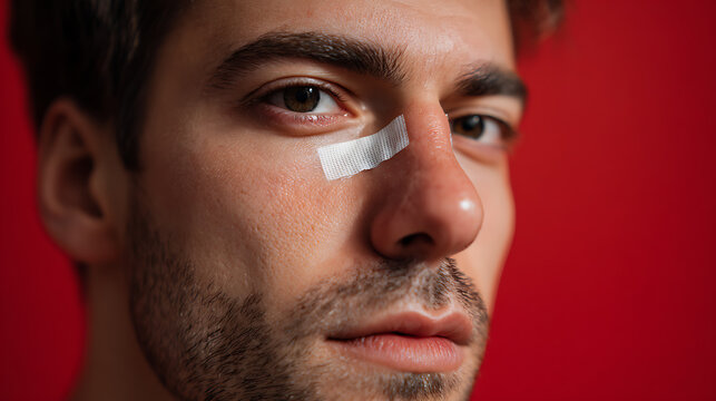Serious young adult male with adhesive bandage on nose and next to eye, symbolizing minor injury, recovery, or medical procedure on a vibrant red background