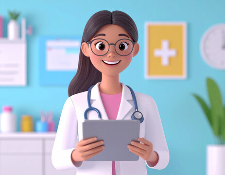 A charming 3D-stylized illustration of a smiling female doctor in a lab coat with a stethoscope. She holds a tablet, representing modern healthcare, digital records, and medical care.