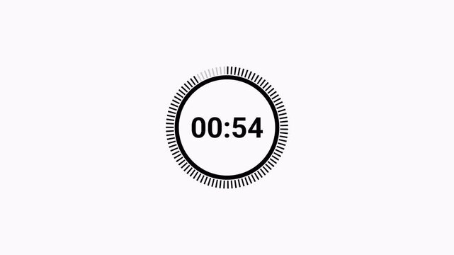 Digital countdown timer animation (60&ndash;0 seconds), transparent background, 4K video