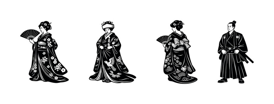 Traditional japanese geisha and samurai silhouettes vector illustration elements floral decor