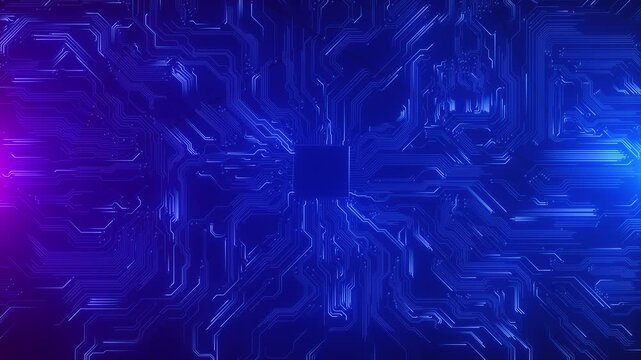 Blue circuit board background glowing processor traces, purple side light, electronic paths, futuristic technology texture. AI videos, software promos, hardware intros, cyber themes, digital overlays.
