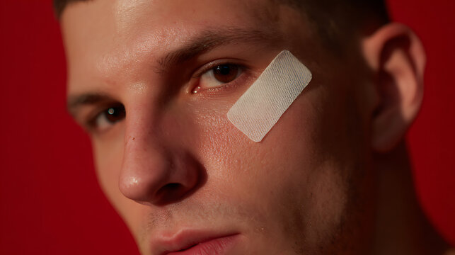 Close up portrait of a young man with a bandage on his cheek, looking directly at the camera with a resolute expression against a red background
