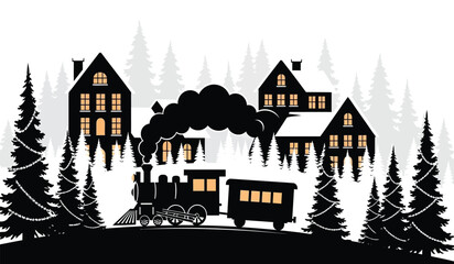 Naklejka premium silhouette of a winter village scene with a steam train and evergreen trees against a white background high quality professional detailed modern elegant stylish