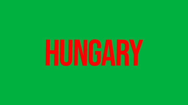 Bold red Hungary text on a green background with clean animation, representing country identity, travel, and European location concept.