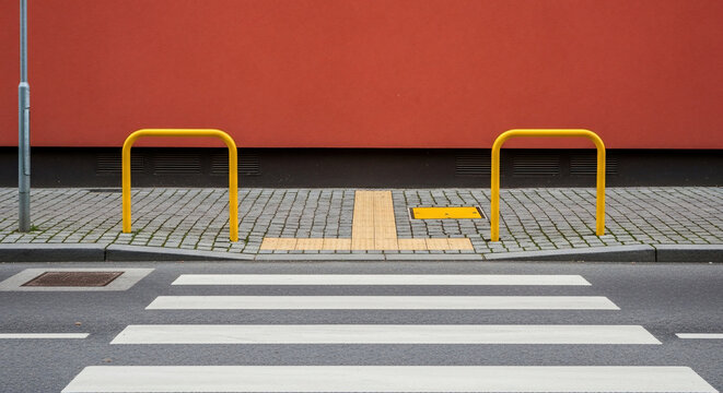 Bollards yellow street with parallel bars in front of a red wall next to a pedestrian crossing and lamppost