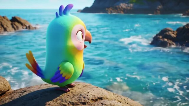 Cartoon parrot character by the ocean bright colors and digital rendering