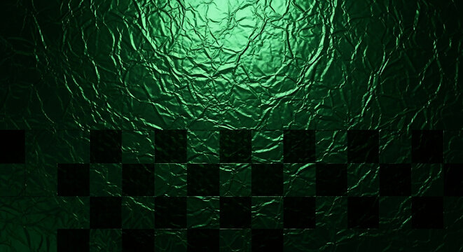 Torn green fabric background with translucent light beams and pixel mosaic strip, abstract futuristic texture for banners and design
