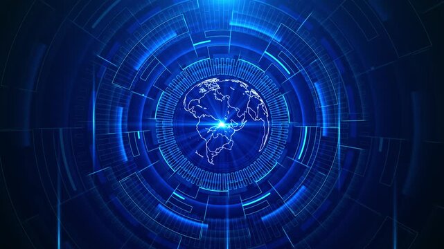 Global HUD technology background glowing earth, circular interface rings, blue light rays, futuristic data design. Perfect for AI videos, world news, network systems, cyber intros, digital overlays.