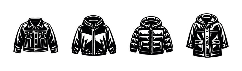 Vector illustration of black and white jacket silhouettes including denim puffer hooded and buttoned styles © UnIcons