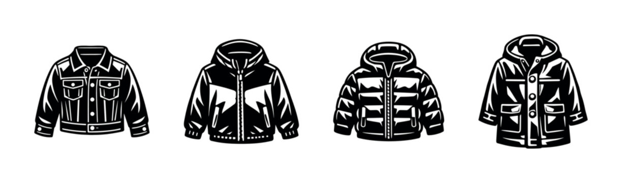 Vector illustration of black and white jacket silhouettes including denim puffer hooded and buttoned styles
