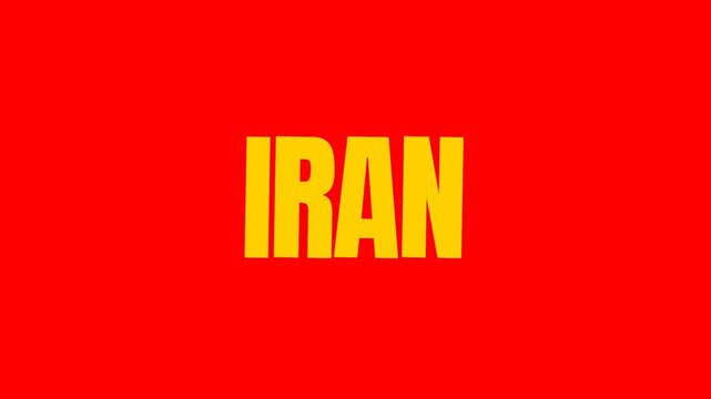 Bright yellow IRAN text animation on a red background with bold simple, ideal for geography, country identity, and global themes.
