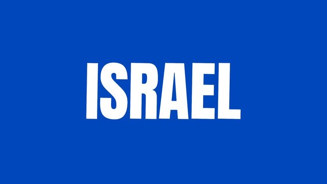 White ISRAEL text animation on solid blue background, representing national identity, geography, and clean modern typography for global or political themes.
