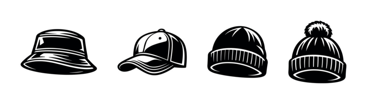 Set of four black and white hat illustrations including baseball cap beanie bucket hat winter hat