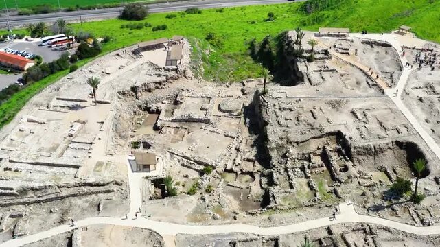 Aerial View of Ancient Archaeological Excavations and Historic Landmarks at Tel Beit She'an shot with a drone