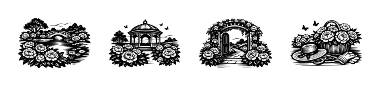 Black and white vector illustrations of floral garden elements with gazebo and archway